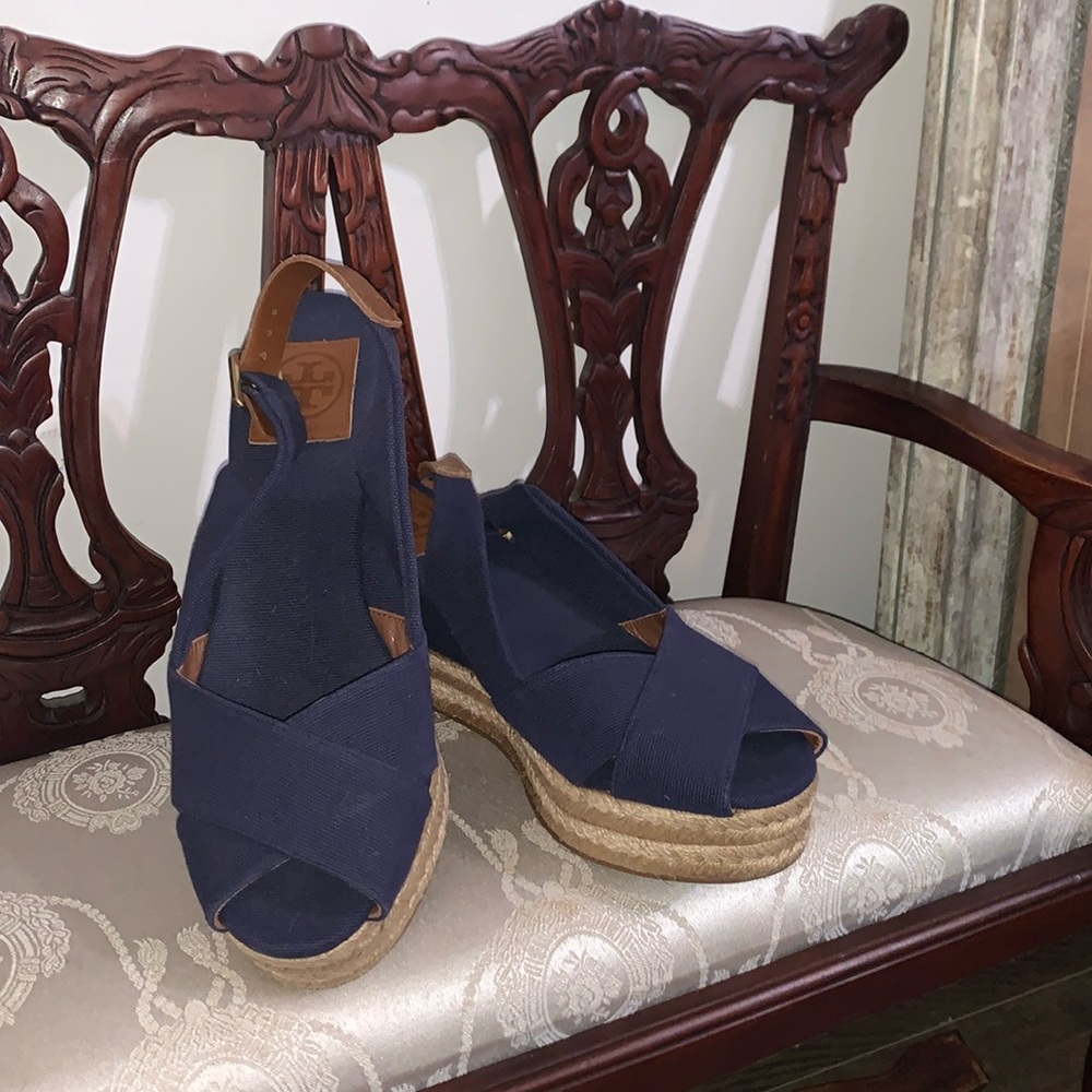Tory Burch (Navy Espadrille Wedge Sandals - Picture 4 of 8